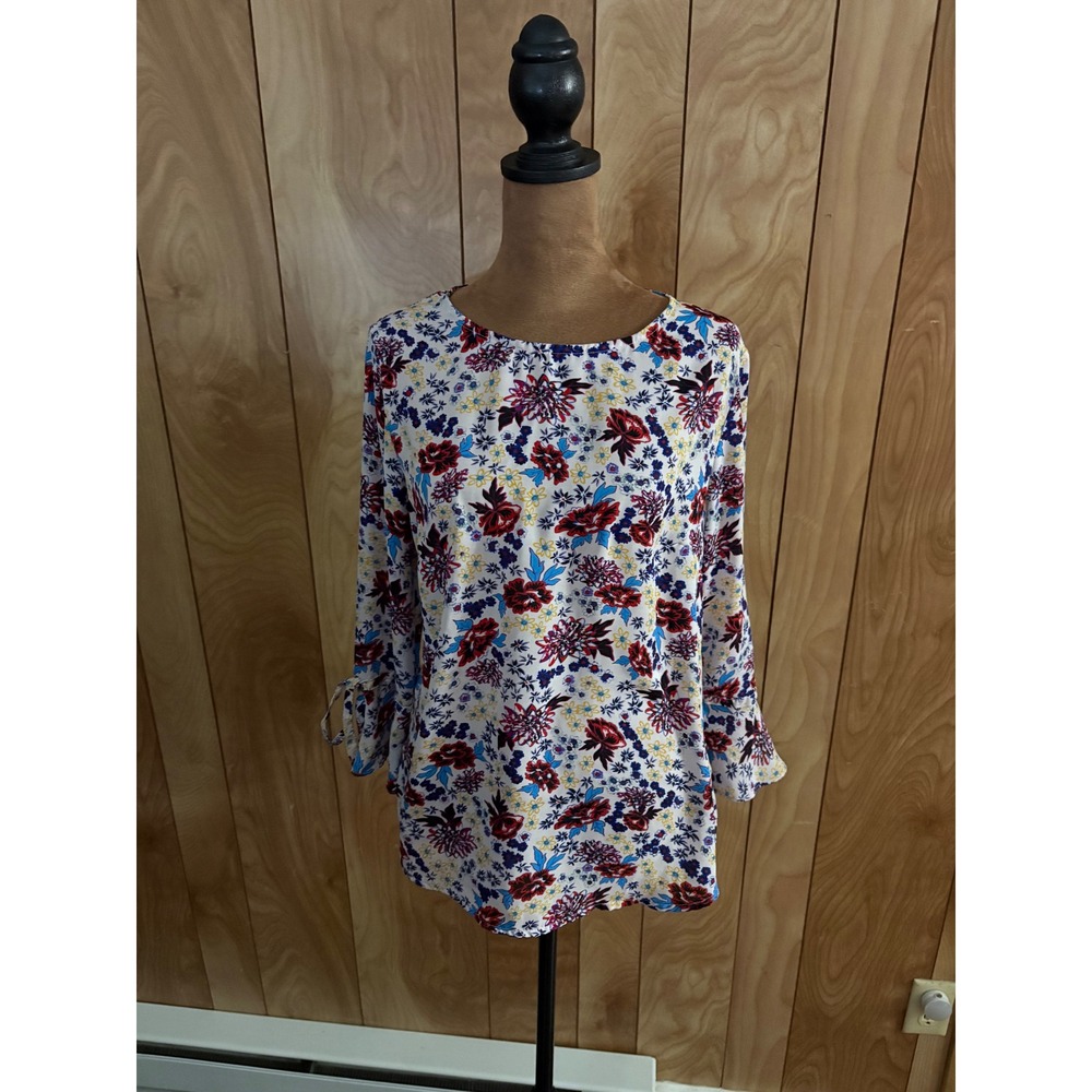 Violet‎ + Claire Floral Tie Cuff Blouse Red Blue White Womens Small 3/4 Sleeve